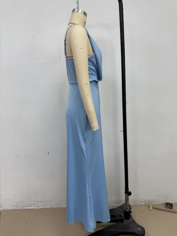 Women's solid color satin satin suspender sexy dress