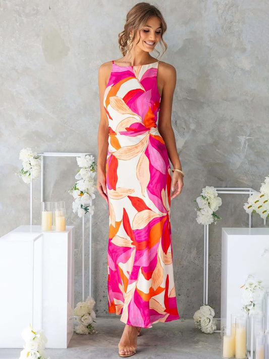 Fashionable leaf print sleeveless backless dress