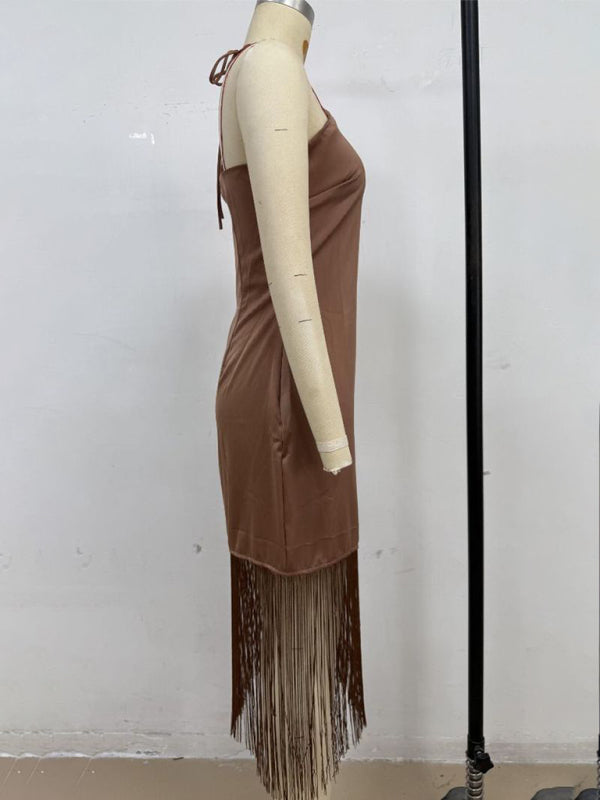 Solid Color Off-the-shoulder Tassel Bodycon Dress