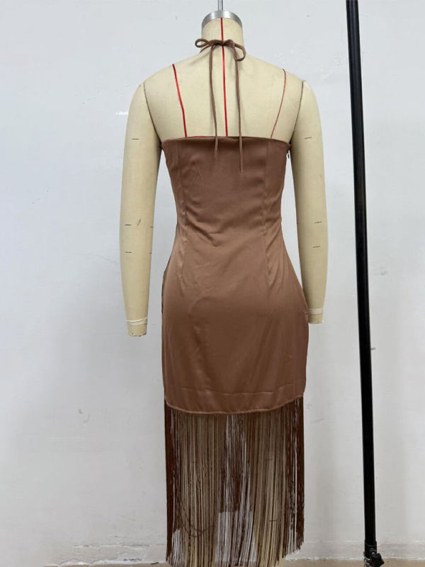 Solid Color Off-the-shoulder Tassel Bodycon Dress