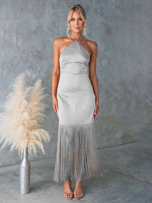 Solid Color Off-the-shoulder Tassel Bodycon Dress