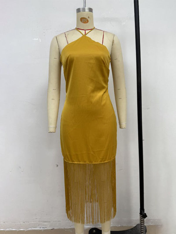 Solid Color Off-the-shoulder Tassel Bodycon Dress