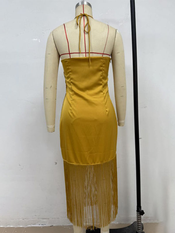 Solid Color Off-the-shoulder Tassel Bodycon Dress