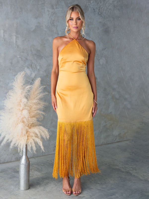 Solid Color Off-the-shoulder Tassel Bodycon Dress