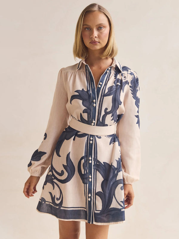 Fashion Printed Belt Loose Retro Short Sleeve Dress