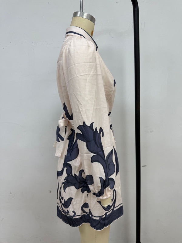 Fashion Printed Belt Loose Retro Short Sleeve Dress