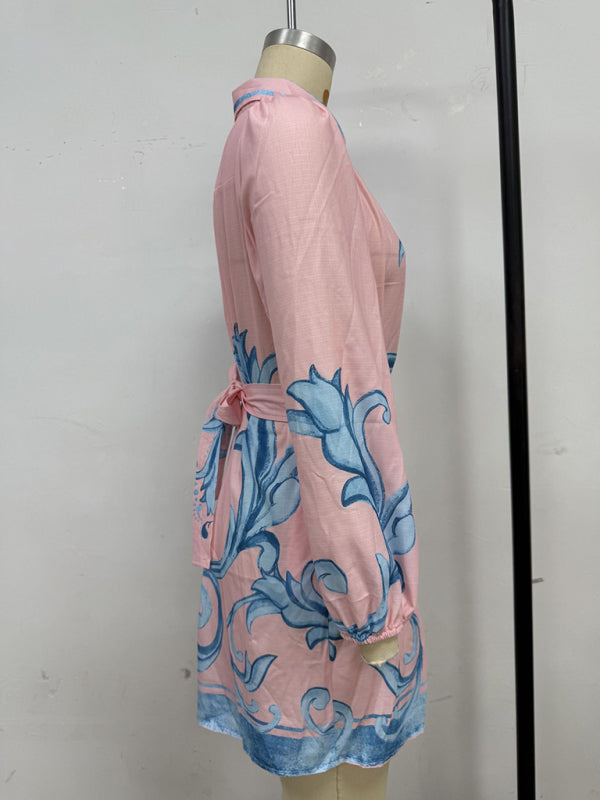 Fashion Printed Belt Loose Retro Short Sleeve Dress