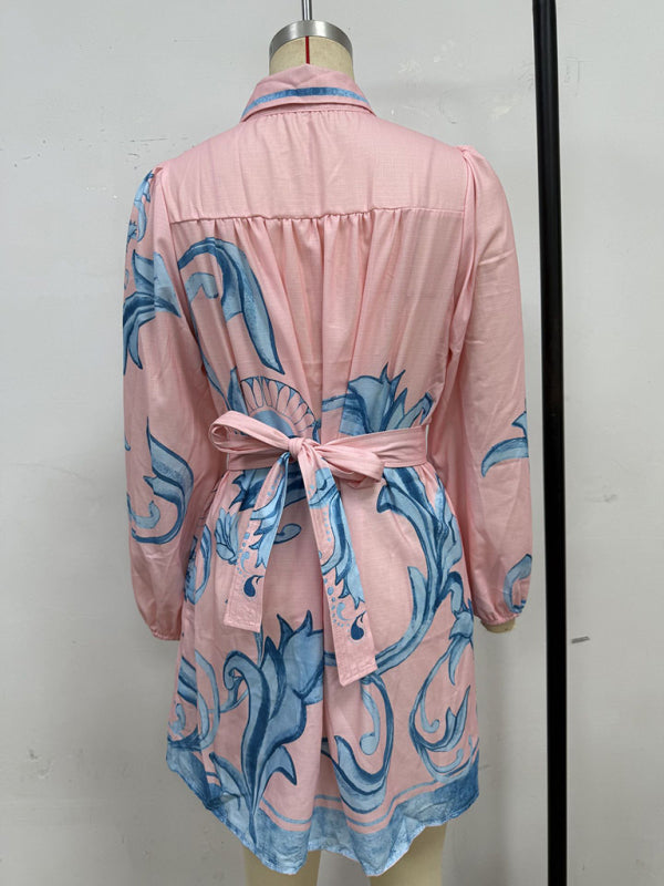 Fashion Printed Belt Loose Retro Short Sleeve Dress