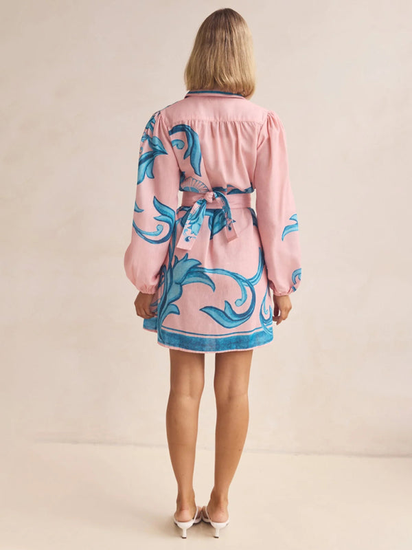 Fashion Printed Belt Loose Retro Short Sleeve Dress