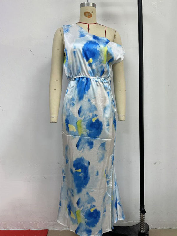 Light blue sleeveless printed dress with slit hem