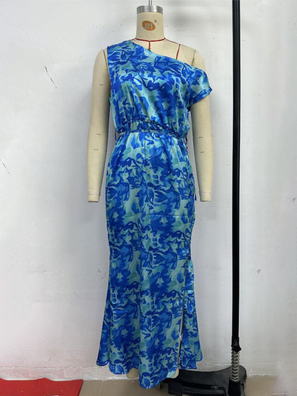 Blue Sleeveless Printed Dress with Slit Hem