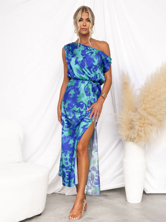 Blue Sleeveless Printed Dress with Slit Hem