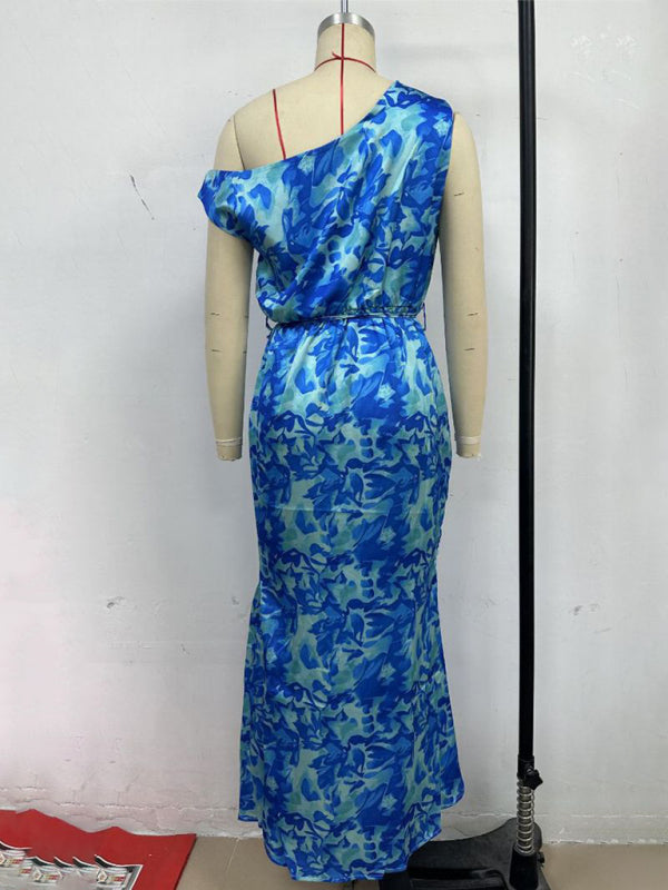 Blue Sleeveless Printed Dress with Slit Hem
