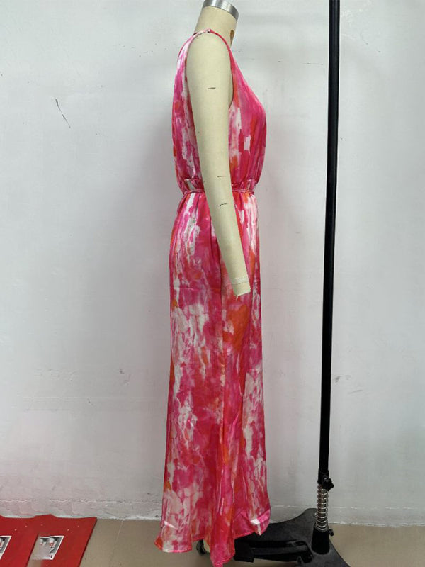 Rose red sleeveless printed dress with slit hem