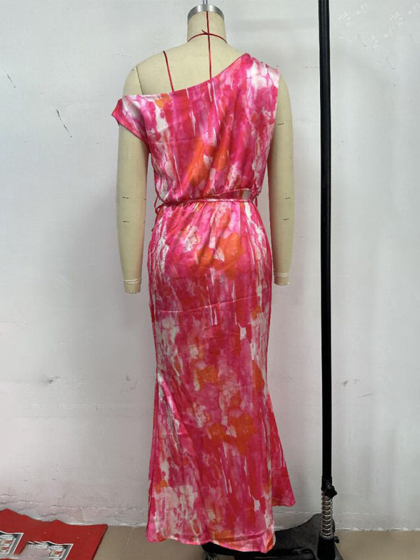 Rose red sleeveless printed dress with slit hem