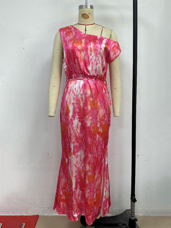 Rose red sleeveless printed dress with slit hem