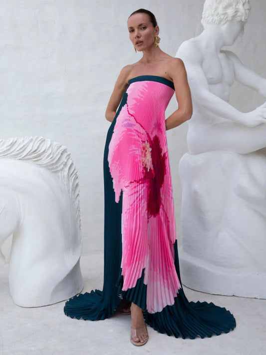 Pleated Positioning Printed Bandeau Swing Dress