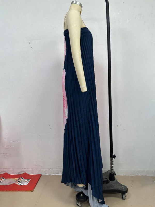 Pleated Positioning Printed Bandeau Swing Dress