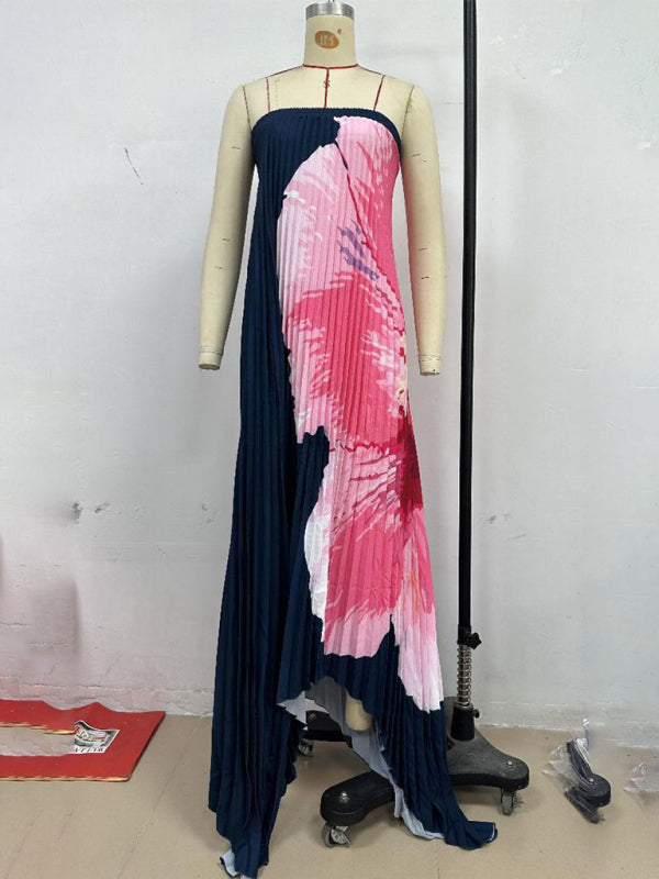 Pleated Positioning Printed Bandeau Swing Dress