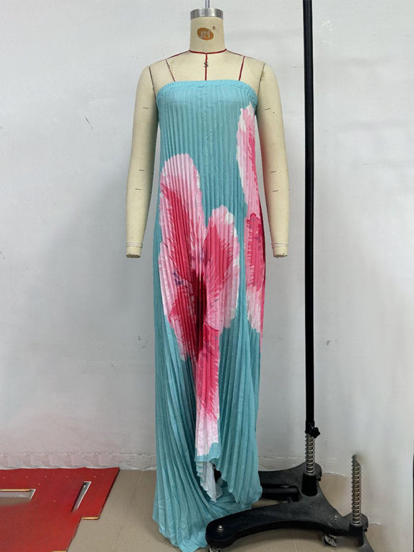 Pleated Positioning Printed Bandeau Swing Dress