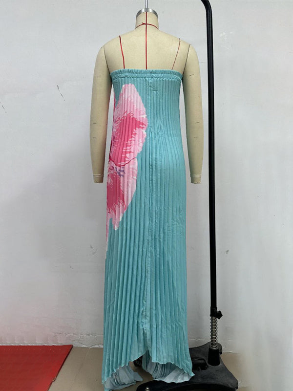 Pleated Positioning Printed Bandeau Swing Dress