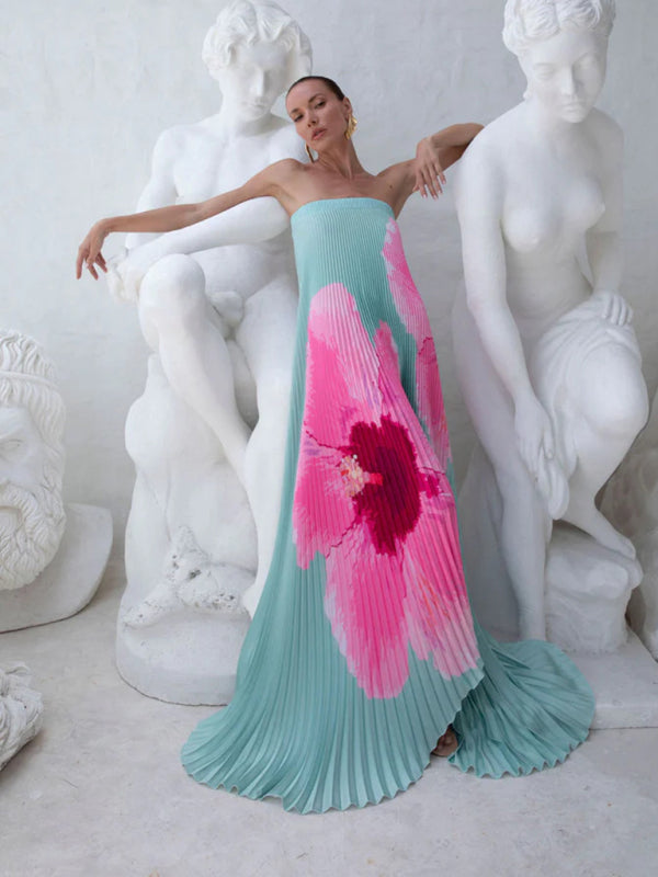 Pleated Positioning Printed Bandeau Swing Dress