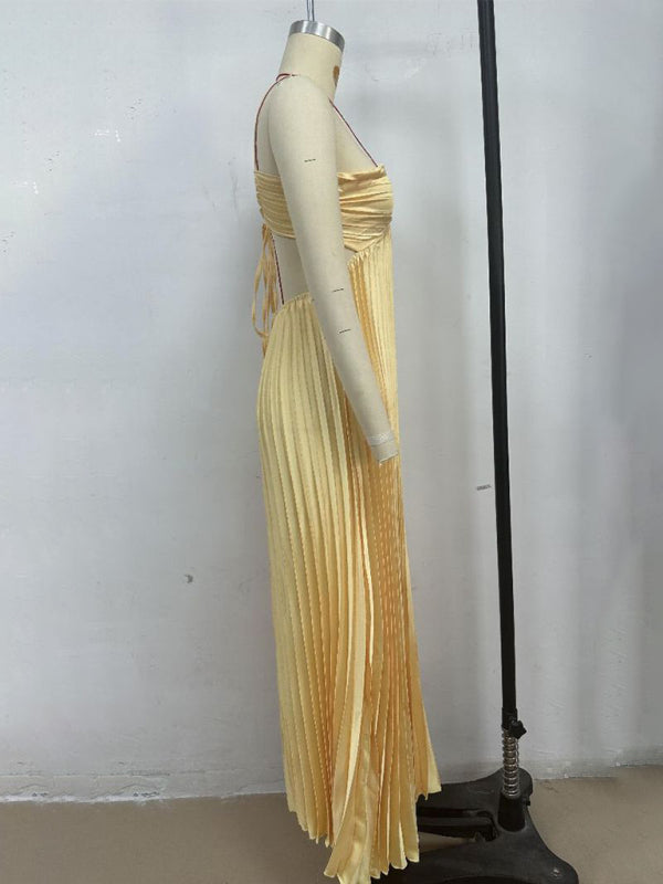 Solid Color Bandeau Pleated Sleeveless Suspender Dress