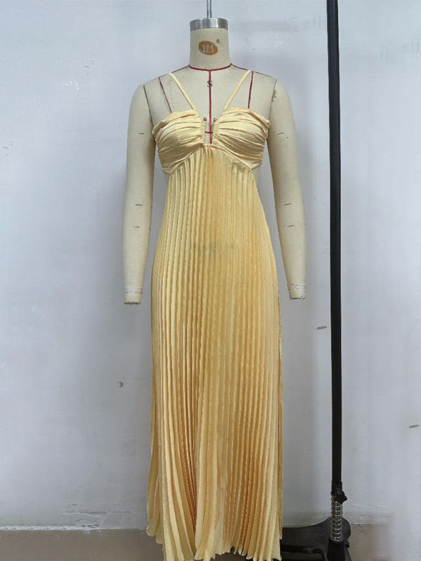 Solid Color Bandeau Pleated Sleeveless Suspender Dress