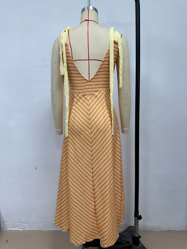 Holiday style backless lace-up sexy low-cut V-neck dress