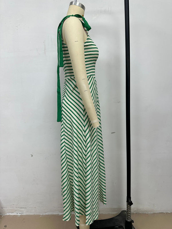 Light green striped holiday style backless lace-up sexy low-cut V-neck dress