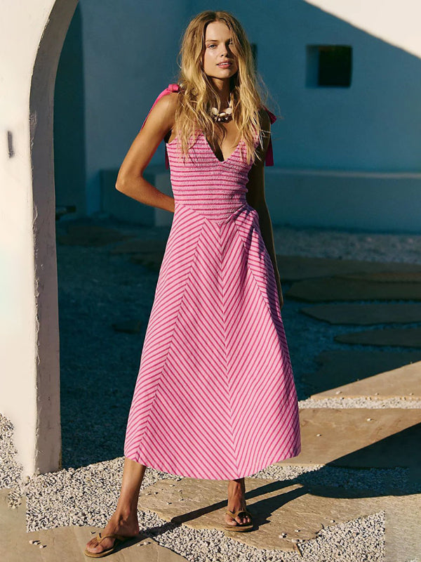 Rose red striped holiday style backless lace-up sexy low-cut V-neck dress