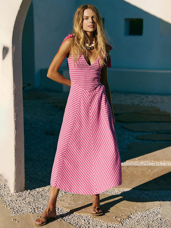 Rose red striped holiday style backless lace-up sexy low-cut V-neck dress