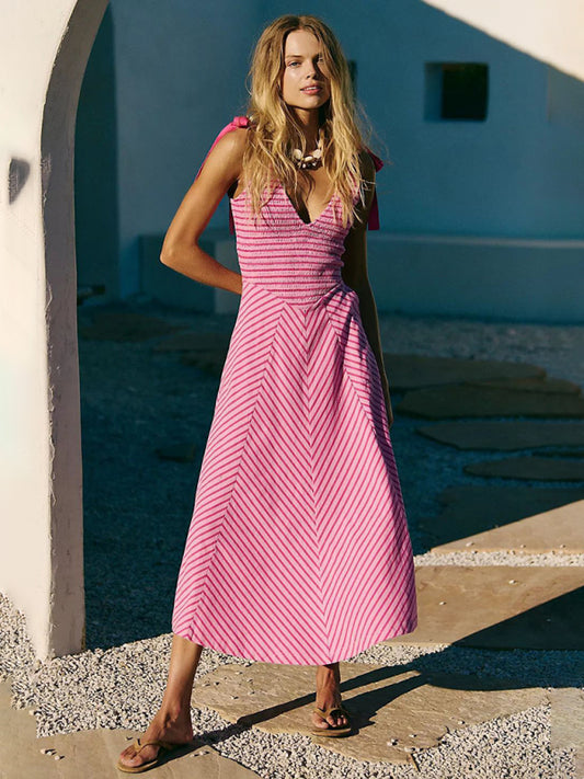 Rose red striped holiday style backless lace-up sexy low-cut V-neck dress