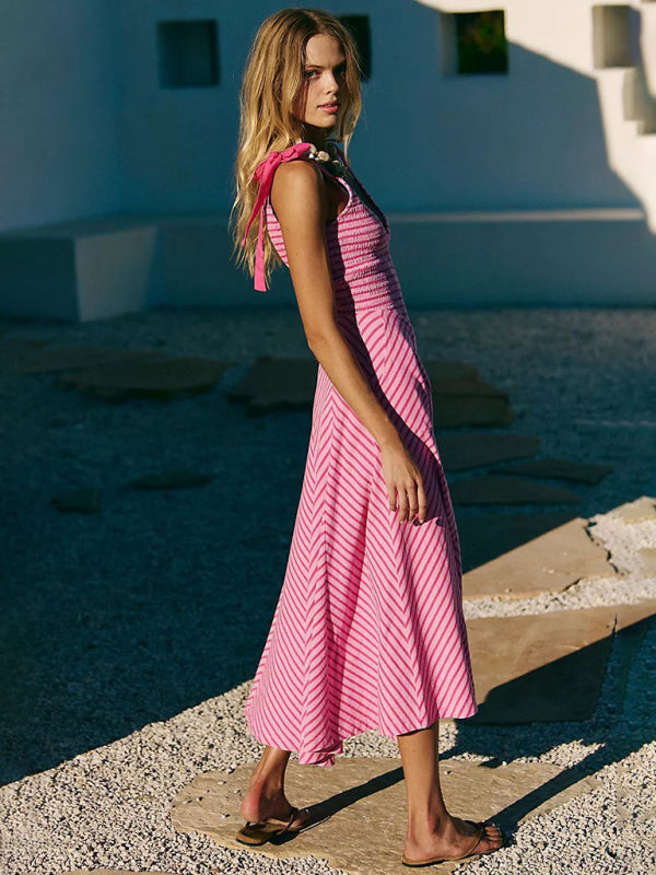 Rose red striped holiday style backless lace-up sexy low-cut V-neck dress