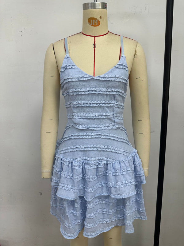 Solid color ruffle sexy suspender lace dress