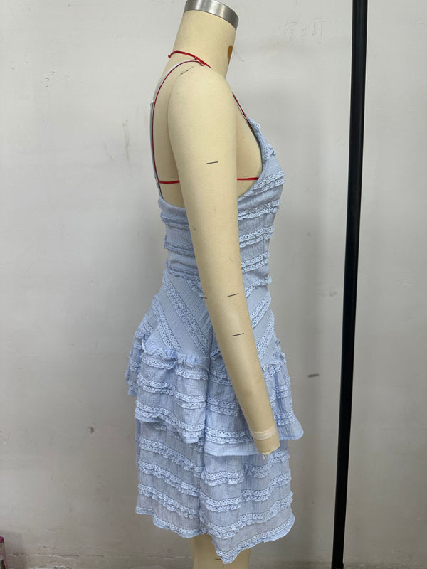 Solid color ruffle sexy suspender lace dress