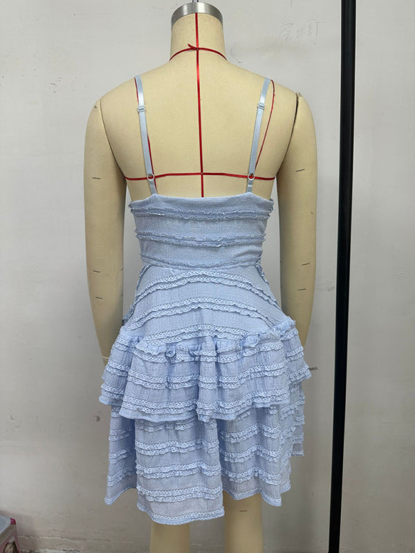 Solid color ruffle sexy suspender lace dress