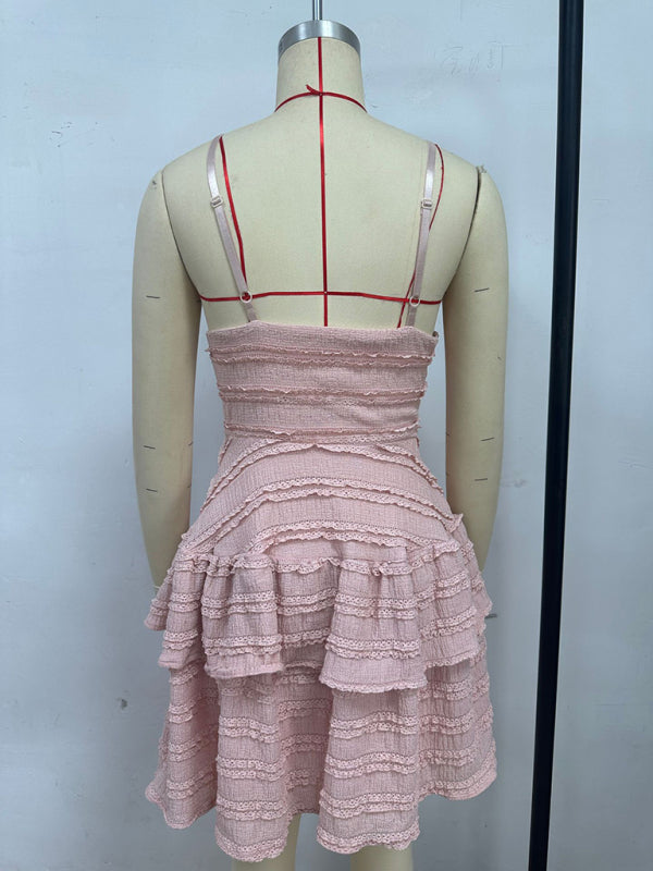 Solid color ruffle sexy suspender lace dress