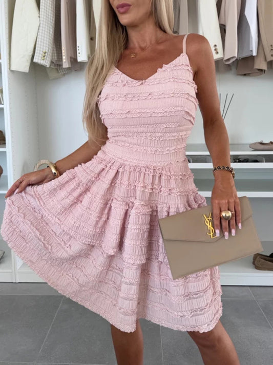 Solid color ruffle sexy suspender lace dress