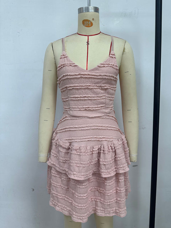 Solid color ruffle sexy suspender lace dress