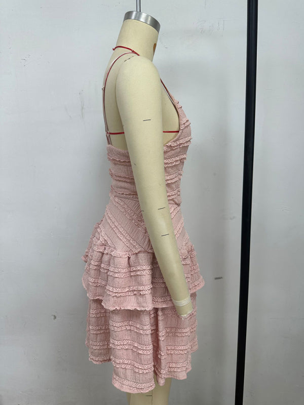 Solid color ruffle sexy suspender lace dress