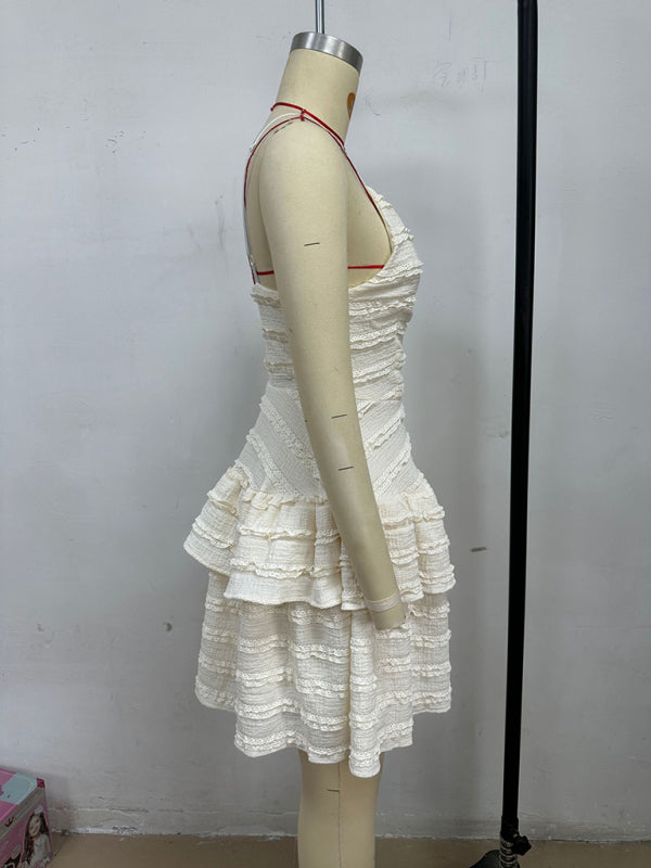 Solid color ruffle sexy suspender lace dress