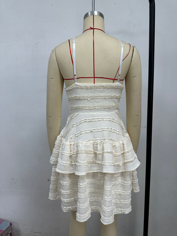 Solid color ruffle sexy suspender lace dress