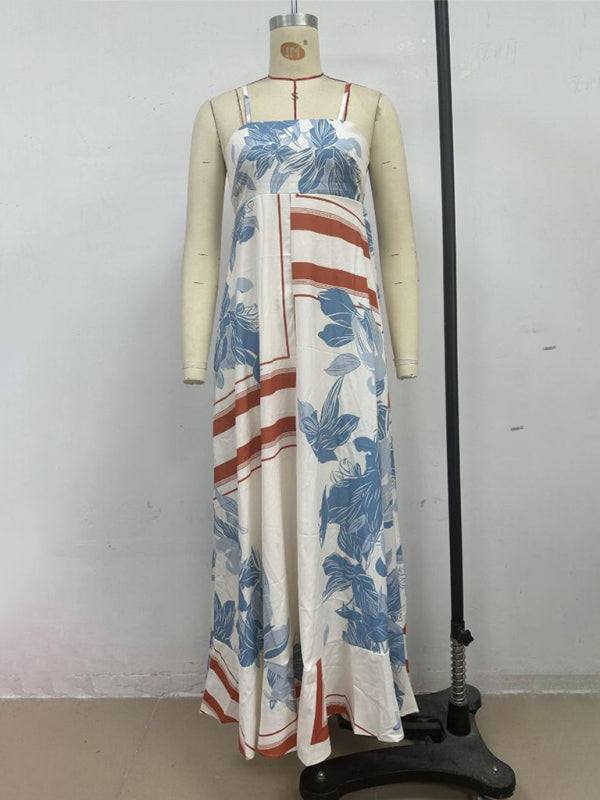 Striped print flared suspender dress