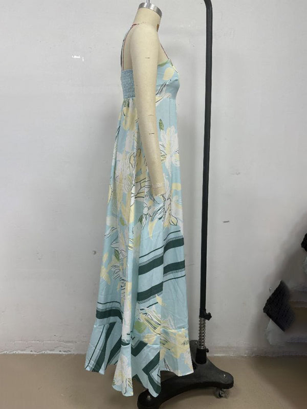 Striped print flared suspender dress