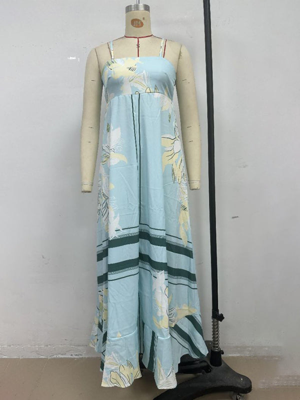 Striped print flared suspender dress