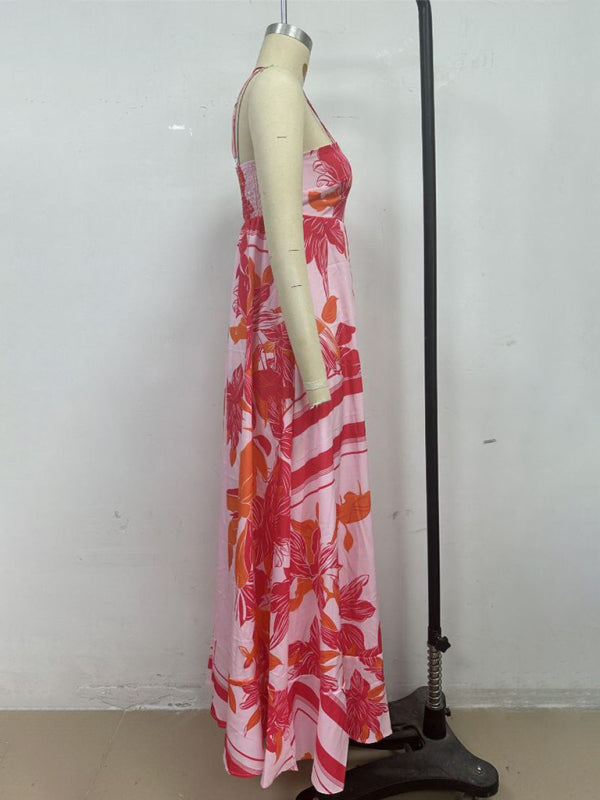 Striped print flared suspender dress