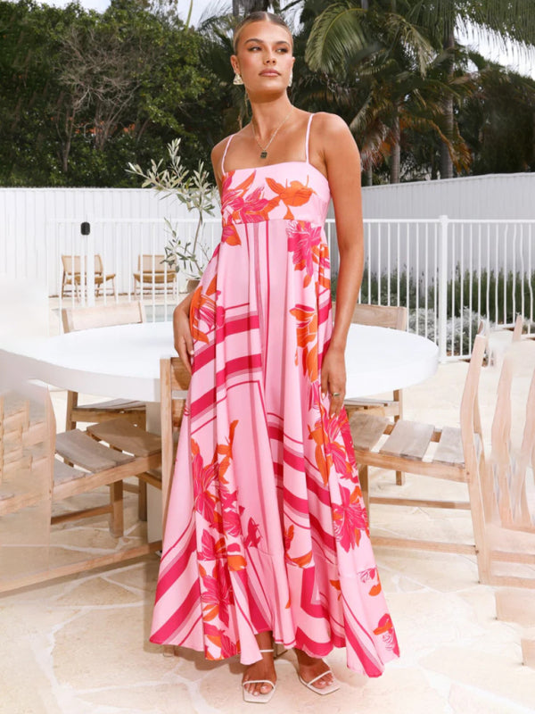 Striped print flared suspender dress