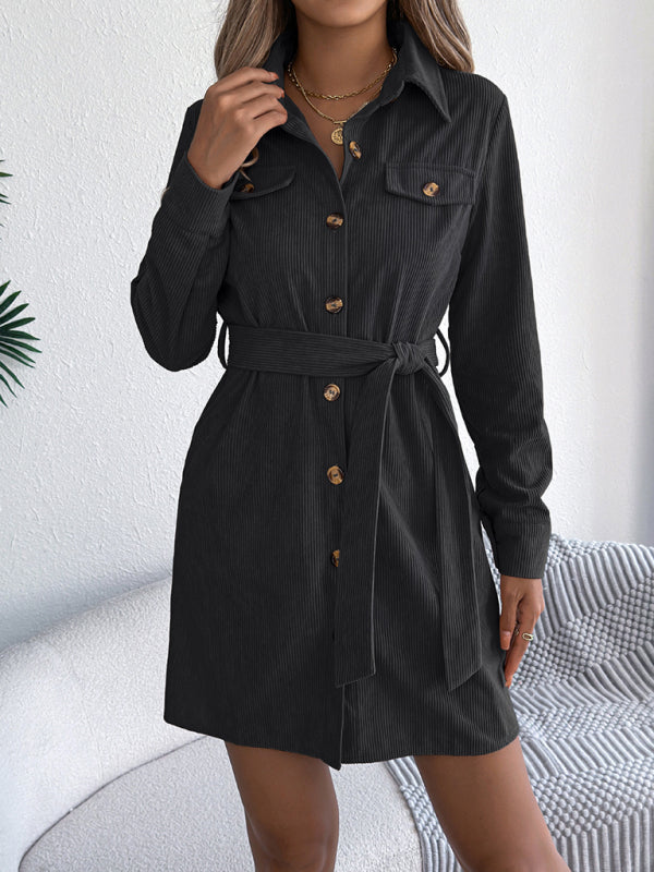Casual solid color single-breasted long-sleeved tie corduroy shirt dress