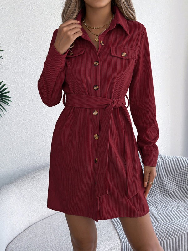 Casual solid color single-breasted long-sleeved tie corduroy shirt dress